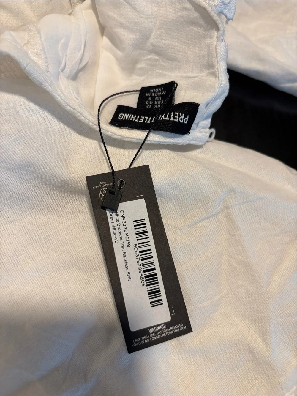 PrettyLittleThing White Broderie Trim Backless Shift Dress NWT US 8